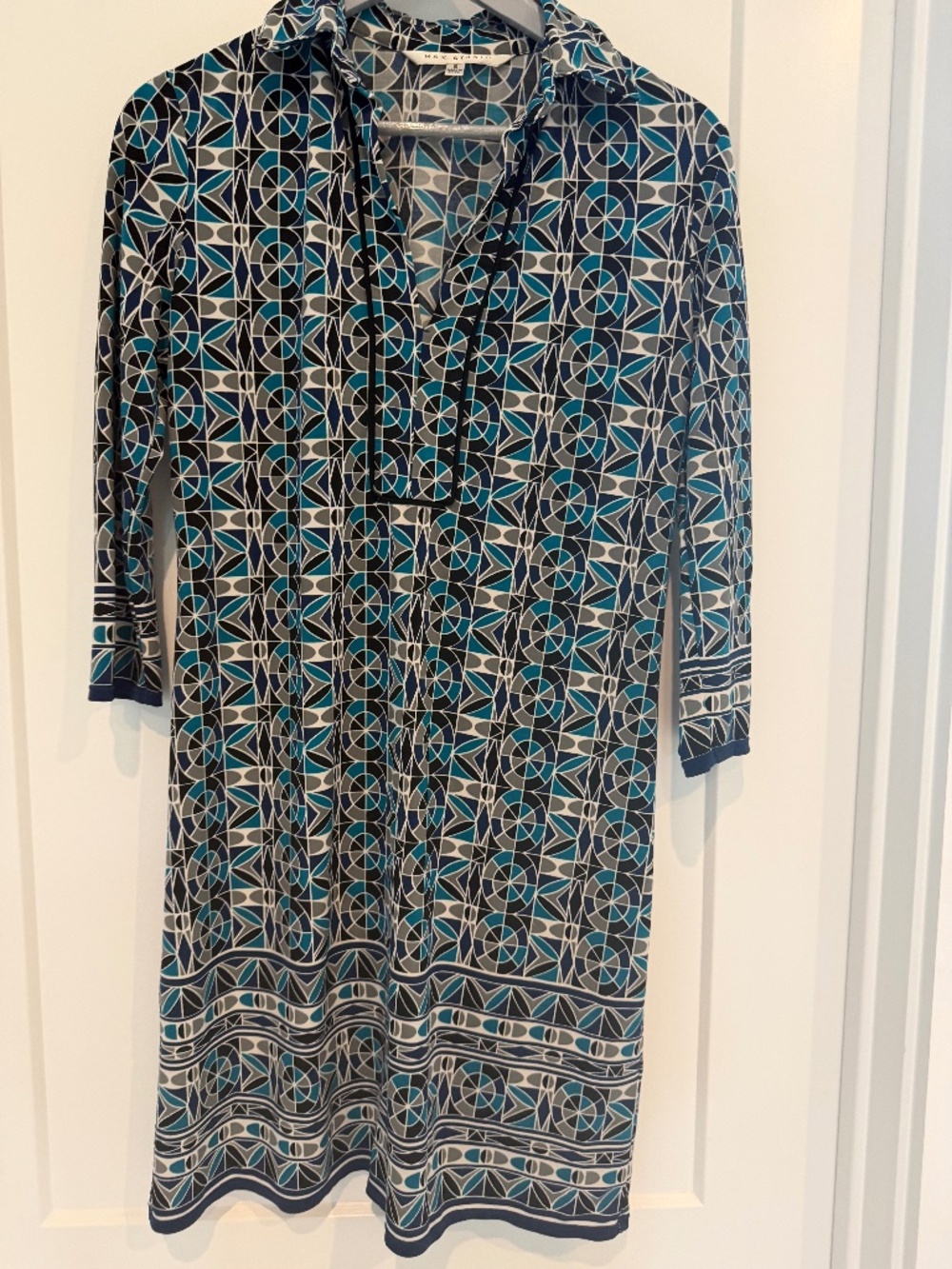 Max Studio Black Blue Teal Grey Midi Dress Quarter Sleeve Size Small